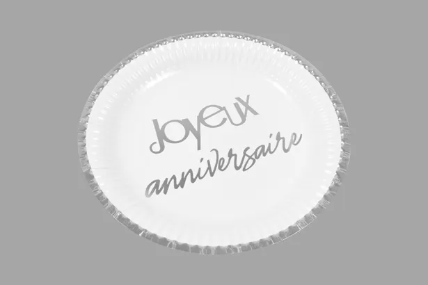 Assiette « Joyeux Anniversaire » – Blanc et Argent – Lot de 6