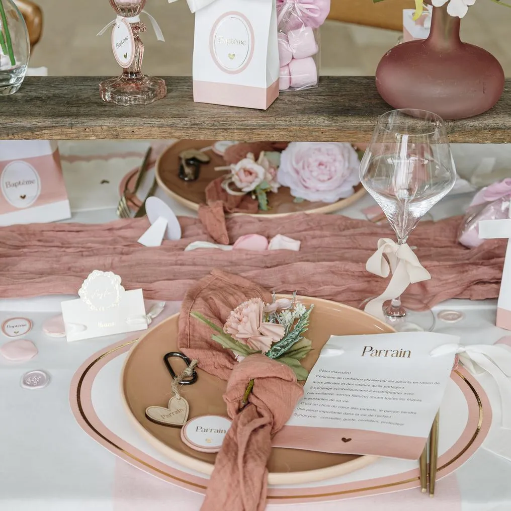 Assiette « Baptême » Rose/Blanc/Or – Lot de 8 – Image 2