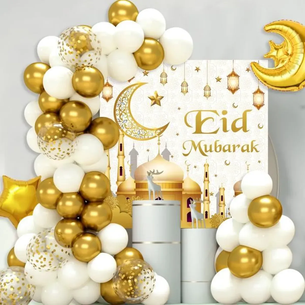 Eid Mubarak Ramadan Décoration Ballons Set, 70 Pièces Ballons en Or Blanc et Bannière pour la Célébration du l’Aïd Moubarak – Image 4